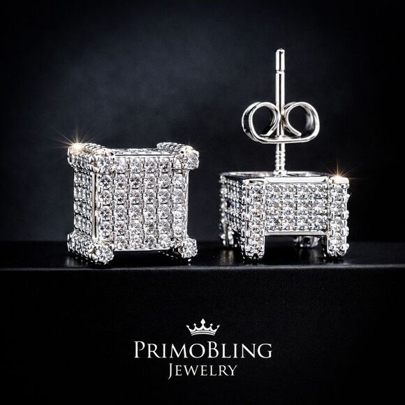 Silver Simulated Diamond Cube Earrings - Picture 2 of 3